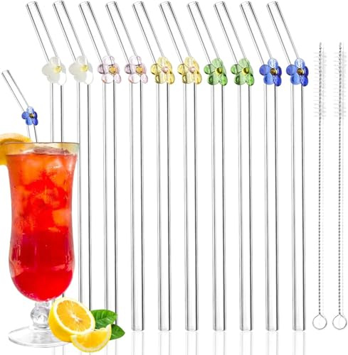 Glas Wiederverwendbare Strohhalme 10 Stück mit 2 Reinigungsbürsten, glasstrohhalme mit motiv bunten Blumen Perfekt für Smoothies, Tee, Saft, Kaffee (gemischte Farbe B)