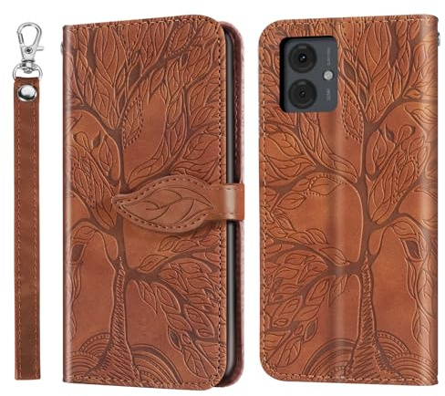 Rostsant Funda para Motorola Moto G14 2023 Árbol en Relieve Carcasa de Cuero PU Motorola Moto G14 2023 Cartera Magnético Funda Teléfono Billetera para Motorola Moto G14 Marrón
