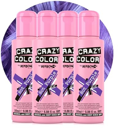 Crazy Color Hot Purple Hair Dye Quad 400ml | Vibrant Semi Permanent, Highly Pigmented Royal Tone Conditioning & Oil Nourishing Vegan Formula | No Bleach or Ammonia