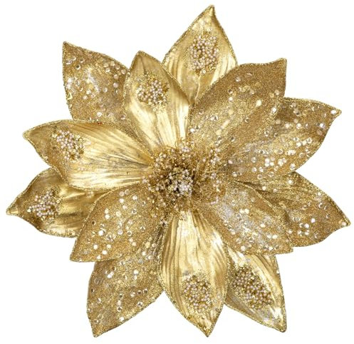 Hollyone 3 Stück Weihnachtsblumen Christbaumschmuck Glitter Magnolia Künstliche Blumen Große Weihnachtsstern Glänzende Künstliche Zweig Weihnachtsdeko Weihnachtsbaum Neujahr Ornamente Gold