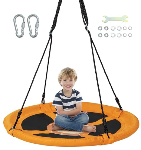 GOPLUS Nestschaukel, Ø100cm Kinderschaukel höhenverstellbar bis 100kg, Hängeschaukel mit Löwe/Dinosaurier/Einhorn-Motiven, Baumschaukel Rundschaukel für Kinder ab 3, Indoor & Outdoor (Gelb)