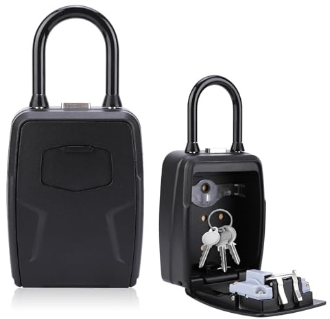 Key Safe, WIGUROE Portable Lock Box for Keys Outdoor with Removable Shackle, Hangable 4-Digit Combination Key Box with Weatherproof Cover for Home Garage School Office