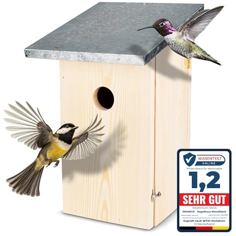 Oramics Nistkasten Vogelhaus aus Kiefernholz mit wasserdichtem Metalldach – Wetterfestes Vogelnisthaus zum Aufhängen für Wildvögel & Gartenvögel – Langlebig für Garten & Terrasse (1 Stück)