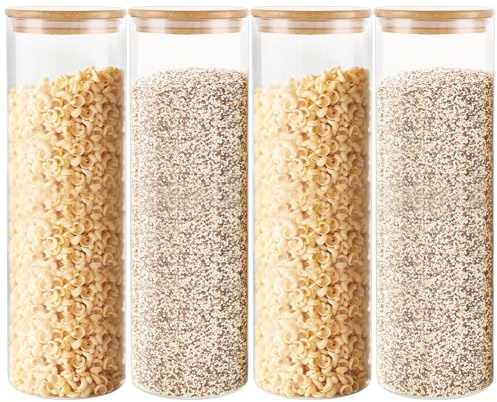 WOPPLXY 4PCS Glass Spaghetti Storage Jars 2000ml - Glass Jars with Bamboo Lids - Airtight Food Pasta Storage Containers Canisters for Cereal, Flour, Tea, Coffee, Kitchen