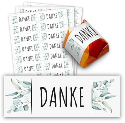 younikat Aufkleber-Set 60 Stk. Eukalyptus Danke für Küsschen - dv1426 | Gastgeschenk Hochzeit Taufe Geburtstag, selbstklebend, ohne Praline