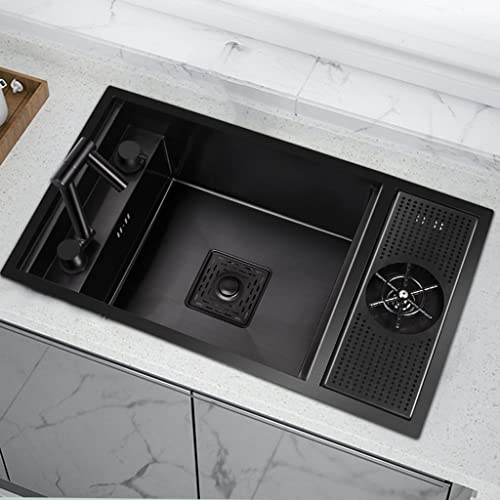 Küchenspüle aus Edelstahl, Edelstahlspüle mit Gläserspüler, faltbarer Wasserhahn, Nano-Spüle, Gemüsebecken, Bar-Handwaschbecken, Einzelspüle (Farbe: Schwarz, Größe: 58 x 26 x 22 cm) (Schwarz 60 x 40