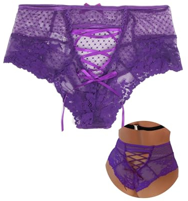 ohmydear Plus Size High Waisted French Knickers for Women, UK 10-24 | Lace Thong Sexy Panties, Criss Cross Back Adjustable Straps, Hollow Out Underwear Briefs, Cotton Crotch