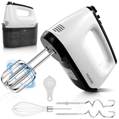 Batidora de mano eléctrica de 400 W, 6 velocidades, con turbo, con caja de almacenamiento y 6 accesorios gratis, de acero inoxidable, silenciosa, antisalpicaduras, color blanco.