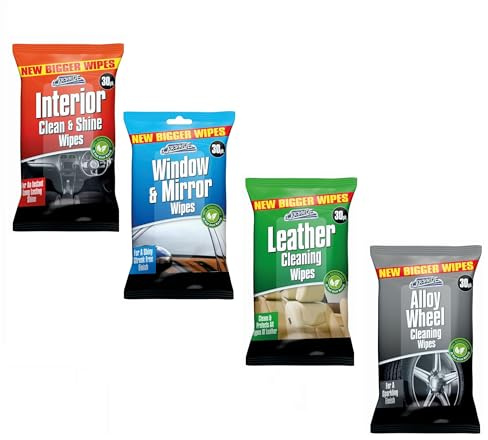 Shop4allsorts Car cleaning wipes interior exterior car cleaner accessories all round leather wipes alloy wheel wipes interior dashboard wipes window and mirror glass wipes 4 packs of 30 large wipes.
