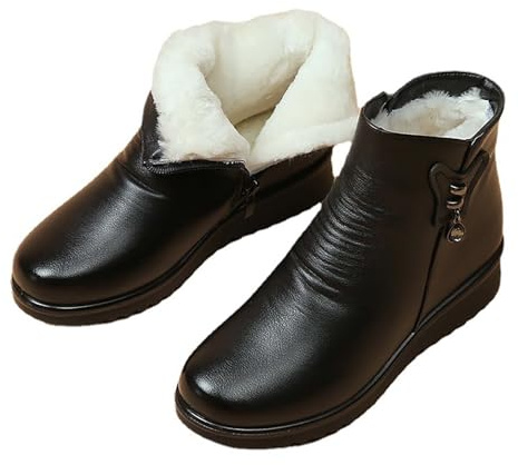 Generico Anfibi Neri in Pelle Donna - Stivali Corti Caldi Imbottiti per Autunno e Inverno - Scarponcini Invernali (Black, 36)