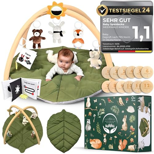 MEERWALD KINDER® Spielbogen Baby - Premium Baby Spieldecke XXL waschbar mit Bogen blattförmig mit 6 sensorischen Montessori Spielzeugen inkl. Meilensteinkarten Baby, CE -zertifizierte Krabbeldecke