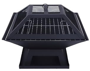 Feuerstelle Mit Grill, Quadratische Feuerstelle Aus Metall Für Den Außenbereich Mit Abdeckung Und Schürhaken, Geeignet Für Lagerfeuer Im Garten, Terrasse, Picknick Im Freien, Grillen