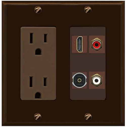 RiteAV Placa de pared óptica Toslink de 2 puertos RCA (rojo-blanco) 1 HDMI Toslink, toma de corriente [marrón/marrón]