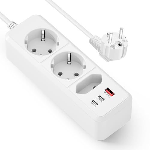 Regletas Enchufes USB 6 en 1,Enchufe Multiple con 3 enchufes Schuko (E/F), USB-A y 2 USB-C Puertos,Alargador Enchufe Cable de Extensión 1,5M para Hogar, Oficina, Escuela - Blanco