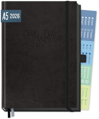 Häfft® Organizer Day by Day Deluxe 2026 A5 Tagesplaner All Black | Kalender mit 1 Tag pro Seite, Terminplaner