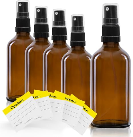 Oputec 5 x 50 ml Sprühflaschen aus Glas mit Zerstäuber + 5 Beschriftungs-Etiketten - Braunglasflaschen mit feinem Sprühkopf - Pumpspray-Flaschen