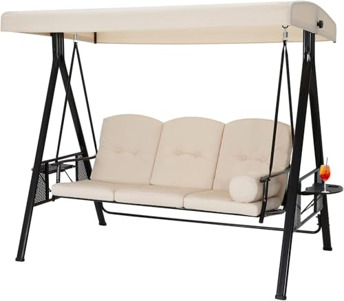 U-MAX 3 Seater Garden Swing Chair, Outdoor Hammock Bench with Adjustable Canopy Thick Padded,with Chair Side Tables Cup Trays For Garden Patio Balcony(Beige)