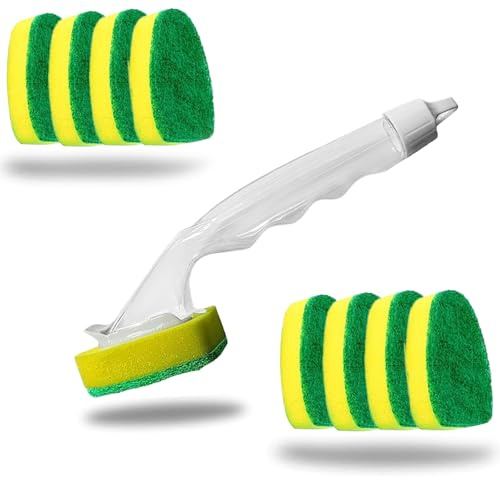 Easyclean 8 x Sponge with Dispensing Non-Scratch and Leakproof Washing Up Heavy Duty Brush Kitchen Scourer Dish Brush & Refill Heads,Ergonomic Handle,Bathroom Scrubbing Kitchen Cleaner