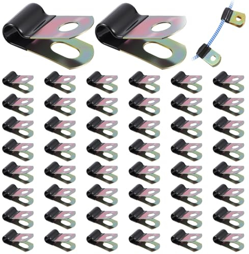 50 Pcs P Clips, Steel P Clips 1/4 inch with Rubber Coated Cushioned Insulated,Cable Clamps for Wiring Tube Lines Wire Cord Installation, Fixing(Black)