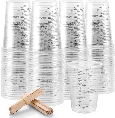 YAYODS 75 vasos mezcladores de 240 ml con escala – Vaso medidor pequeño reutilizable – Vasos mezcladores transparentes de plástico con varillas mezcladoras para líquidos, mezcla de resina, pintura