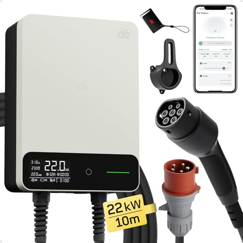 dé Estación de Carga Coche Electrico 22kW App [6-32A, Trifásico] Wallbox 22kW con Cable Tipo 2 10m, RFID, Estación de Carga con RCD Tipo-B y Protección IP54 para Model Y y Otros BEV/PHEV, Blanco