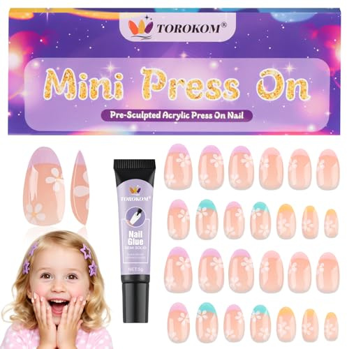 26 Stück Press-On-Nägel Für Kinder, TOROKOM Süße Künstliche Kindernägel, Zum Aufkleben Kurze Mandeln, Künstliche Nagelkunst, Mit Aufbau-Nagelkleber (1 Packung, Französische Blume)