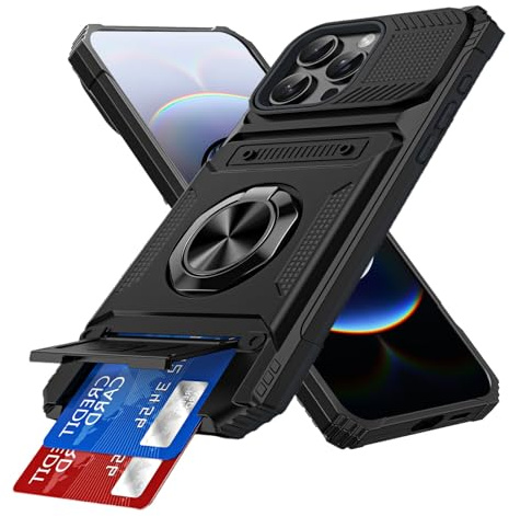 IMEIKONST for iPhone 14 Pro 6.1 Case with Card Holder, Camera Protection Cover & Magnetic Ring Kickstand, Rugged Hard PC Back Shockproof Phone Case for iPhone 14 Pro. Black TCKB