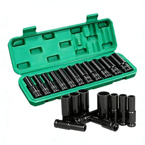 Uadme Llaves de Vaso Impacto Profundo de 1/2, 10 Piezas Juego de Llaves de Vaso, 8-24mm Vasos de Impacto Largos, para Reparación de Coches Cambio de Neumáticos