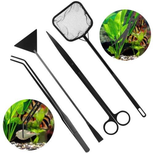 Aquarium-Set, 4-teiliges Set mit gebogener Schere, Pinzette, Sandspatel und Fischnetz, perfekt für Pflanzenpflege und Reinigung in kleinen Aquarien