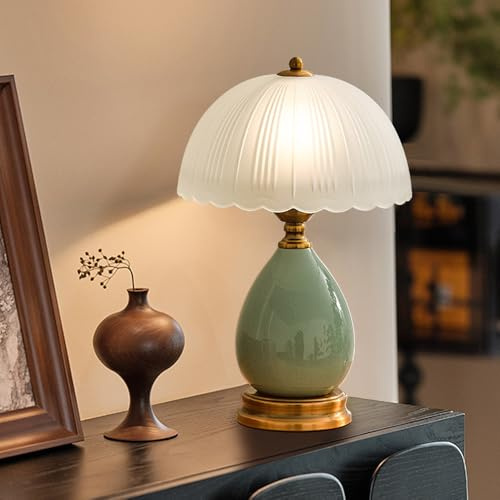 Mengjay Tischlampe aus Keramik,Vintage Nachttischlampe mit Acryl-Lampenschirm,E27 Fassung,Tischleuchte Deko Wohnzimmer,Schreibtischlampe Moderne Nachtlicht für Schlafzimmer (Grün)