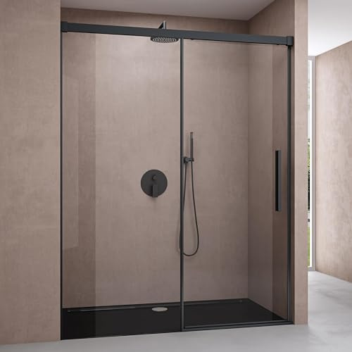 doporro Box Doccia Nicchia Porta Scorrevole Bagno 150x195 cm in Vetro Temperato Trasparente 6 mm Anticalcare con Profilo Nero - Teramo12K