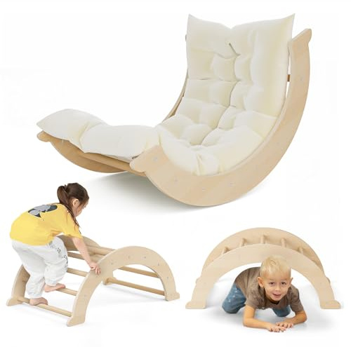 klettergerüst Indoor,Holzkletterbogen mit Weichem Kissen,Indoor Klettergerüst für Kinder ab 3 Jahre, Multifunktional als Wippe & Kletterdreieck zum Klettern/Krabbeln,Belastbarkeit bis 50kg (A)