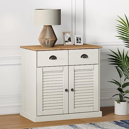 Fangmaliuyun VIGO Credenza 78 x 40 x 75 cm pino bianco con cassetti e ante persiane, credenza da cucina a buffet per piccoli spazi