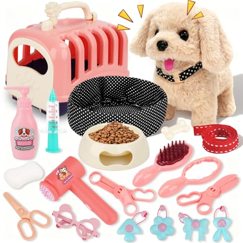 TOSUTO Electrónico Perrito Juguete Ladra y Anda con Jaula,Juego de Roles Regalo de Cumpleaños para Niños,Peluche Animales Perro Robot Interactivo Juguete Niña 2-4 Años Regalo Cumpleaños Navidad - Rosa