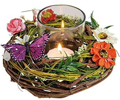 meindekoartikel Windlicht Gesteck Kranz mit Blüten und Schmetterling – Holz und Kunststoff Ø15xH10cm
