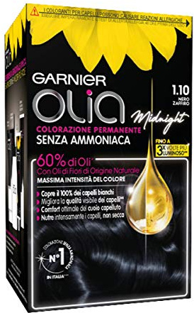 Garnier Olia, permanente Haarfärbung ohne Ammoniak, für einen sanften Duft, 60% Öle, Farbintensität, 100%ige Grauabdeckung, Optimaler Kopfhautkomfort, Blue Black, Blauschwarz
