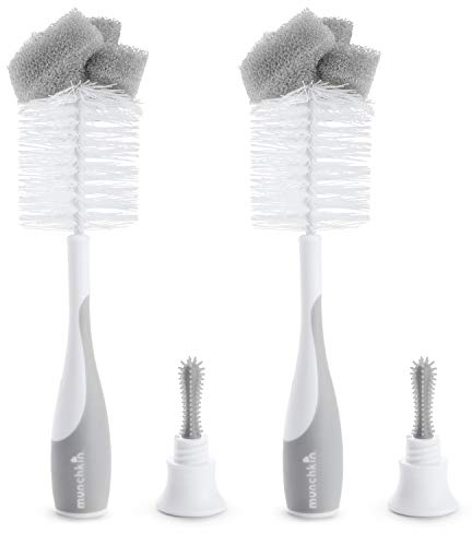 Munchkin Brosse de Nettoyage de Bouteille à Poils | Brosse pour Bouteille d'Eau avec Tétine Intégrée | Brosses Deluxe pour Nettoyage | Autoportante | Poignée Facile à Saisir | Pack de 2 | Gris