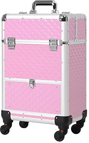 HOMCOM Valise Trolley Maquillage Mallette cosmétique Vanity poignée télescopique réglable 34L x 25l x 62H cm alu. Rose