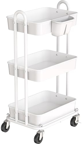 Simple Houseware 3-Tier Multifunctional Rolling Utility Cart with Hanging Bucket, White