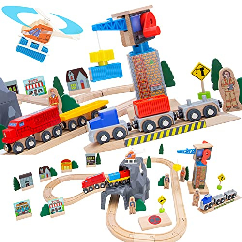 Wooden Train Set Kids Lift & Load Magnetic Crane Helicopter Semi Truck Shipping Containers Diesel Engine STEM Construction Playset Compatible with Thomas Brio Wooden Railway Toy for Toddlers Starter