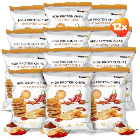 Supplify Protein Chips (Thai Sweet Chili, Vegan) - Eiweiß Snack zum Abnehmen oder Muskelaufbau - die leckere Alternative zu Protein-Pulver oder -Riegel (12x50g)