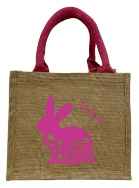Bedruckte Jutetasche zu Ostern mit Name | Motiv Hase in Wiese für Kinder | Personalisiertes Osternest zum Befüllen inkl. Namensdruck | Geschenktasche mit Henkel als Osterkörbchen natur/pink