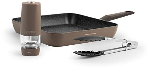 H&H Alessandro Borghese - Confezione Bistecchiera Antiaderente 28x28cm Induzione, Pinza da Cucina 24cm e Macinapepe/Sale Elettrico