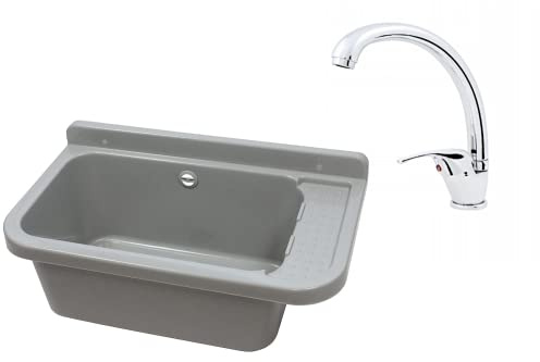 VBChome Ausgussbecken Grau mit Armatur 50 x 34 cm Spülbecken Waschtrog mit Überlauf Waschbecken für Gewerbe Waschraum Garten Armatur inkl. Ablaufgranitur Siphon und Montageset Haushaltsspülbecken