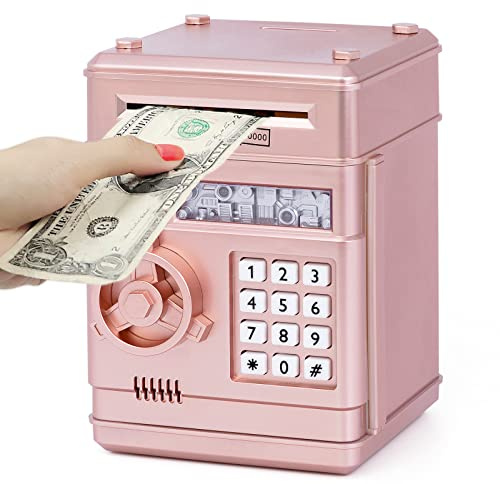 Refasy Piggy Bank Toy,Kids Toys Electronic Piggy Bank for Boys Girls Kids Safe ATM Bank Cash Coin Can for Children Money Bank Toys Money Saving Box Birthday Gift for Kid Age 3-12 (Rose Gold)