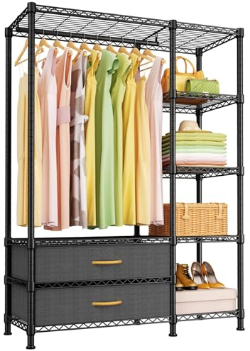 Ulif F3 Heavy Duty Clothes Rack（With Fabric Drawers）Freestanding Clothing Racks for Hanging Clothes，Adjustable Closet Organizer System，Portable Garment Rack 40 W x 15 D x 72 H，Max Load 700LBS，Black