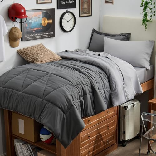 BEDELITE Twin XL Comforter Set 5 Pieces Bed in A Bag - Soft Microfiber Reversible Twin Extra Long Grey Bed Set with Comforters, Sheets, Pillowcase & Sham, Cozy Bedding Sets for College Dorm Room