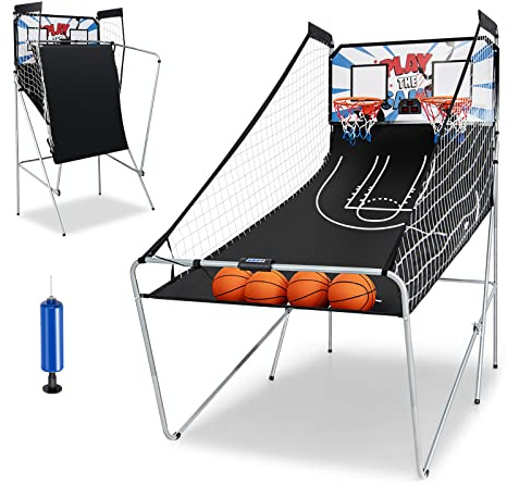 GYMAX Automat Basketballkorb, faltbar Elektronische Basketballspiel mit 8 Spieleinstellungen & elektronischer Anzeigetafel, Schießmaschine inkl. 4 Bällen & 2 Fangkörben (Schwarz)