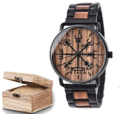 Orologio da polso da uomo vichingo nordico Vegvisir Compass in legno massiccio analogico al quarzo, cinturino regolabile inciso a mano con scatola regalo in legno., Nero , Bracciale