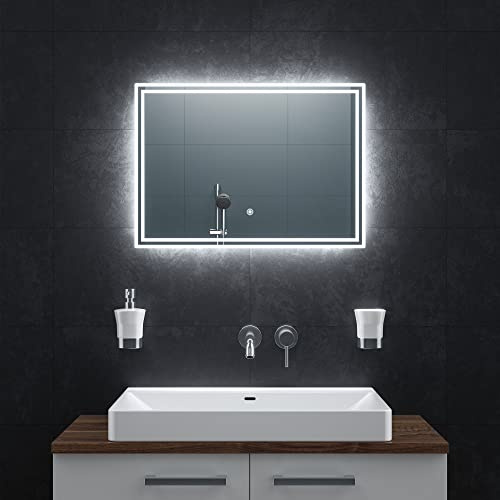 BR Bringer LED Badspiegel - 70x50 cm - Badezimmerspiegel mit Beleuchtung und Anti-Beschlag Funktion - Dimmbar, Energiesparend, 3 Lichtfarben, Touch-Schalter und Speicherfunktion (Modell: BRS107)